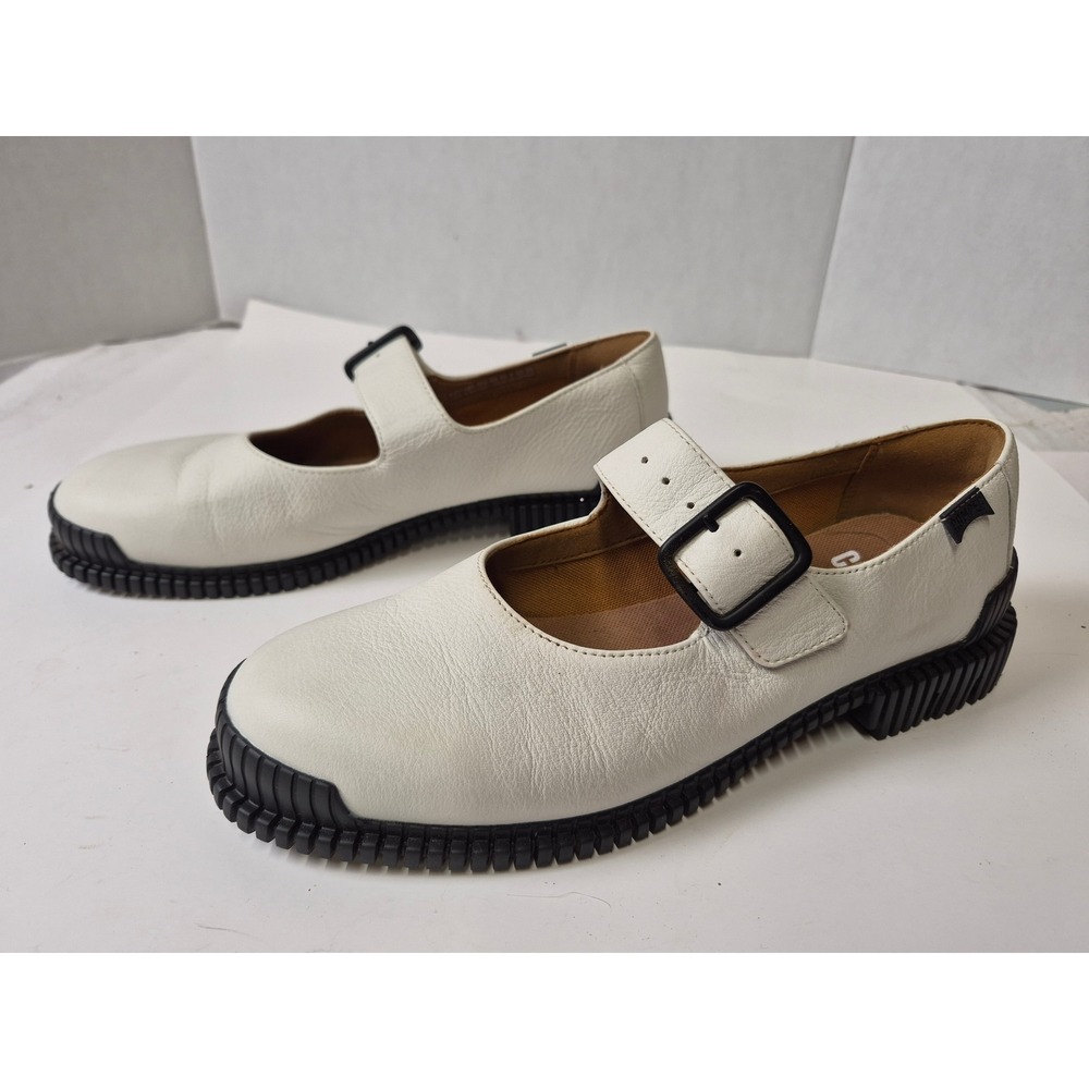Camper Pix White Leather Mary Jane Buckle Flat Shoes K201924-002 Womens 41